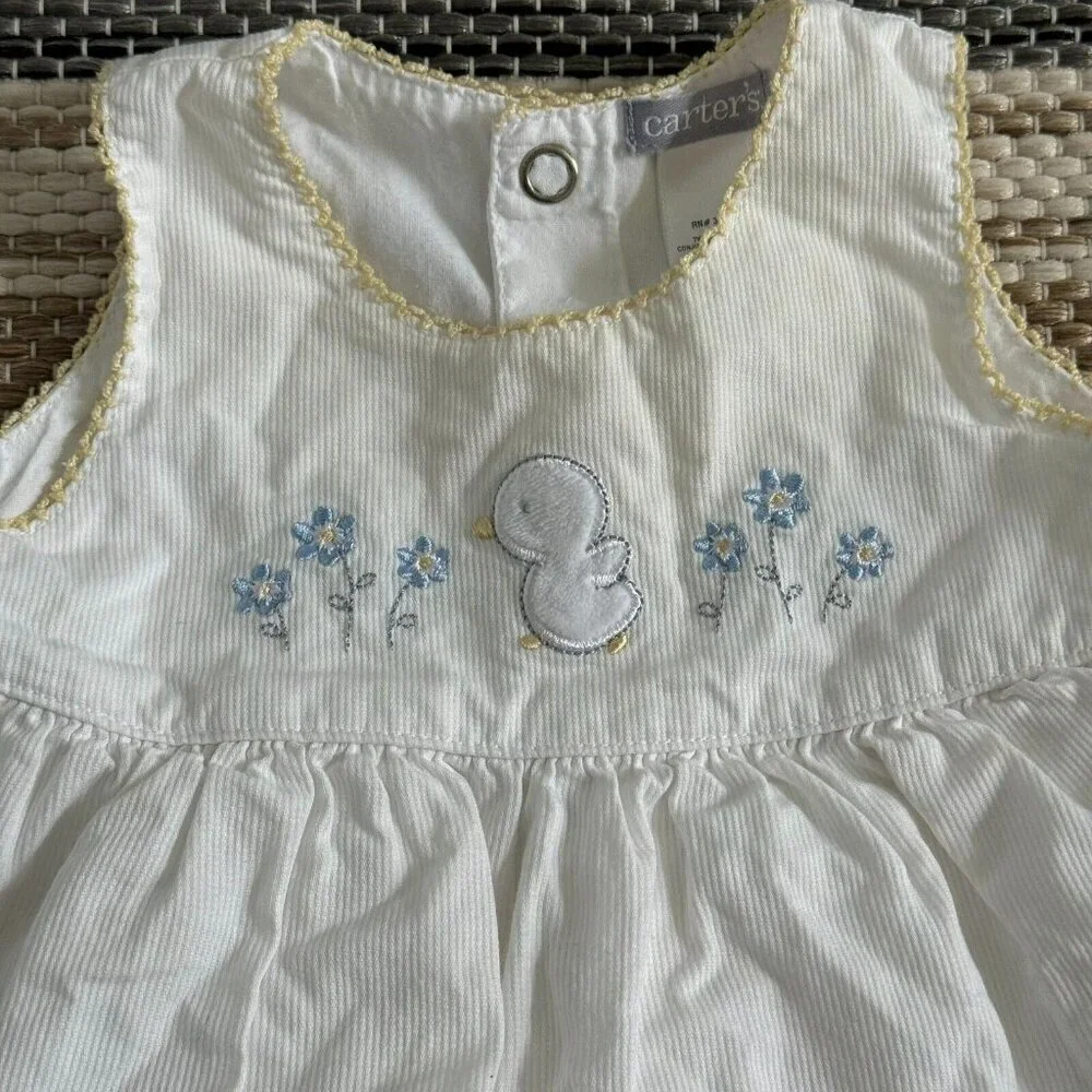 Vintage Carters Baby Girl Sleeveless Duck Dress 100% Cotton White Yellow Size 3M